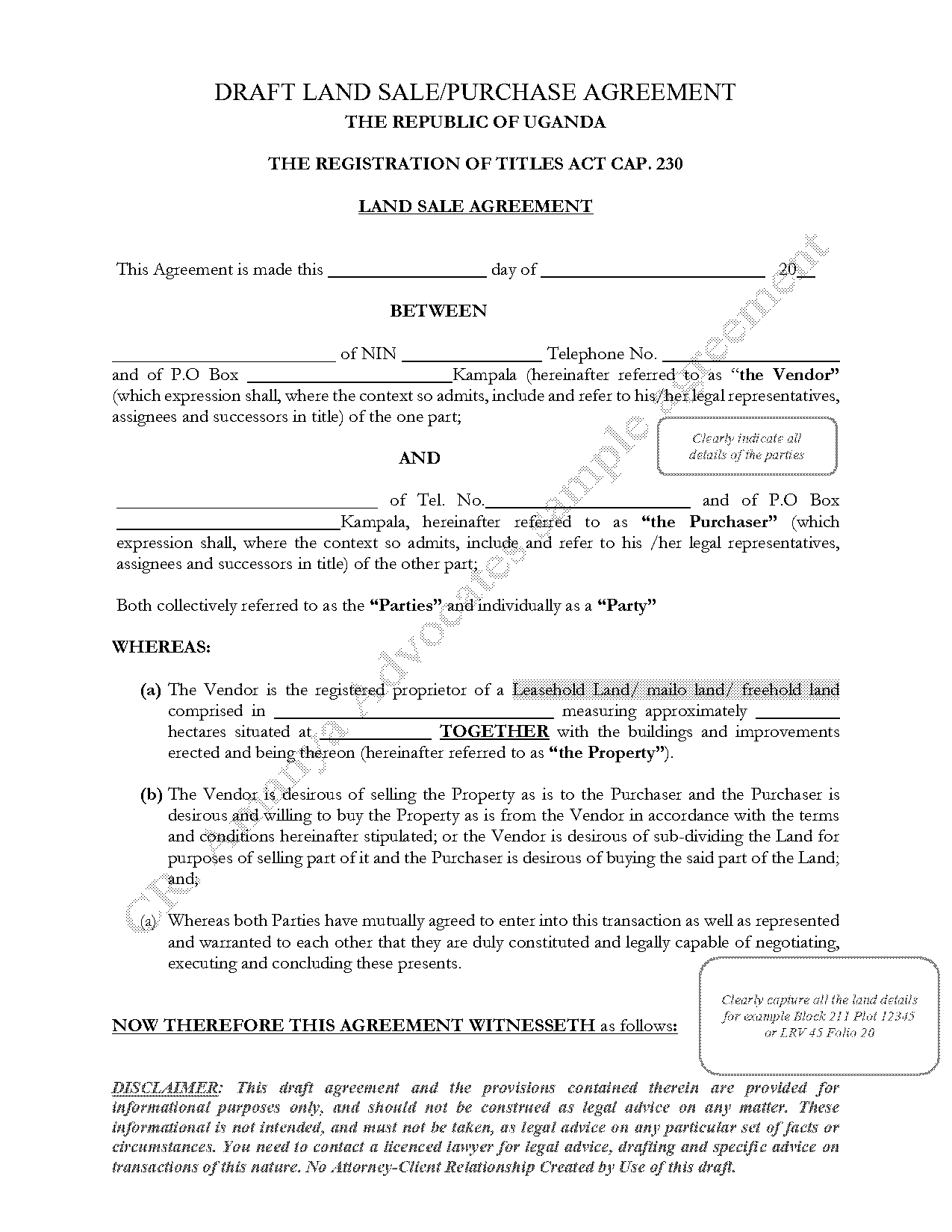 sale of land agreement sample