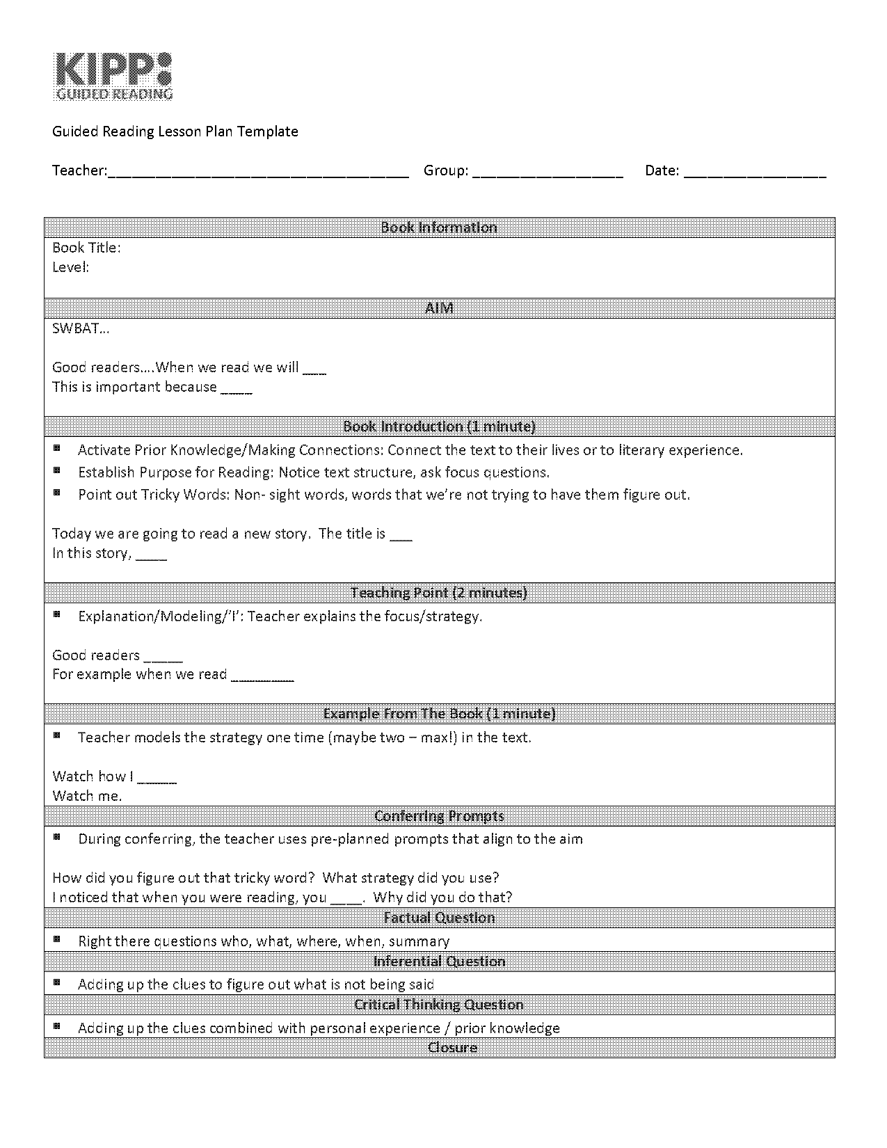 guided reading lesson planning sheet