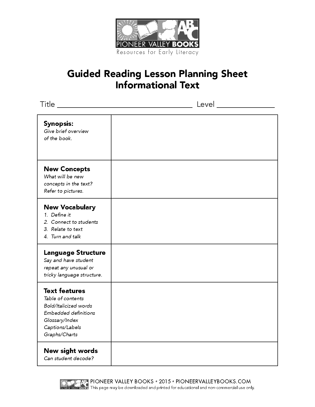 guided reading lesson planning sheet