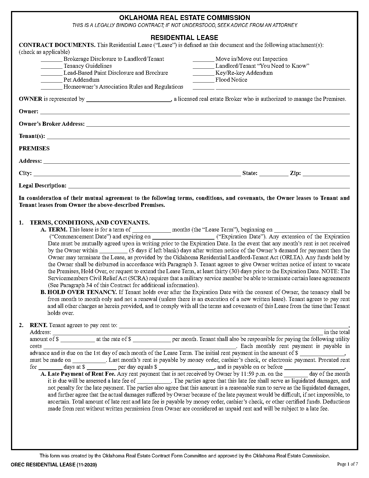 oklahoma rental agreement for single family home with shop