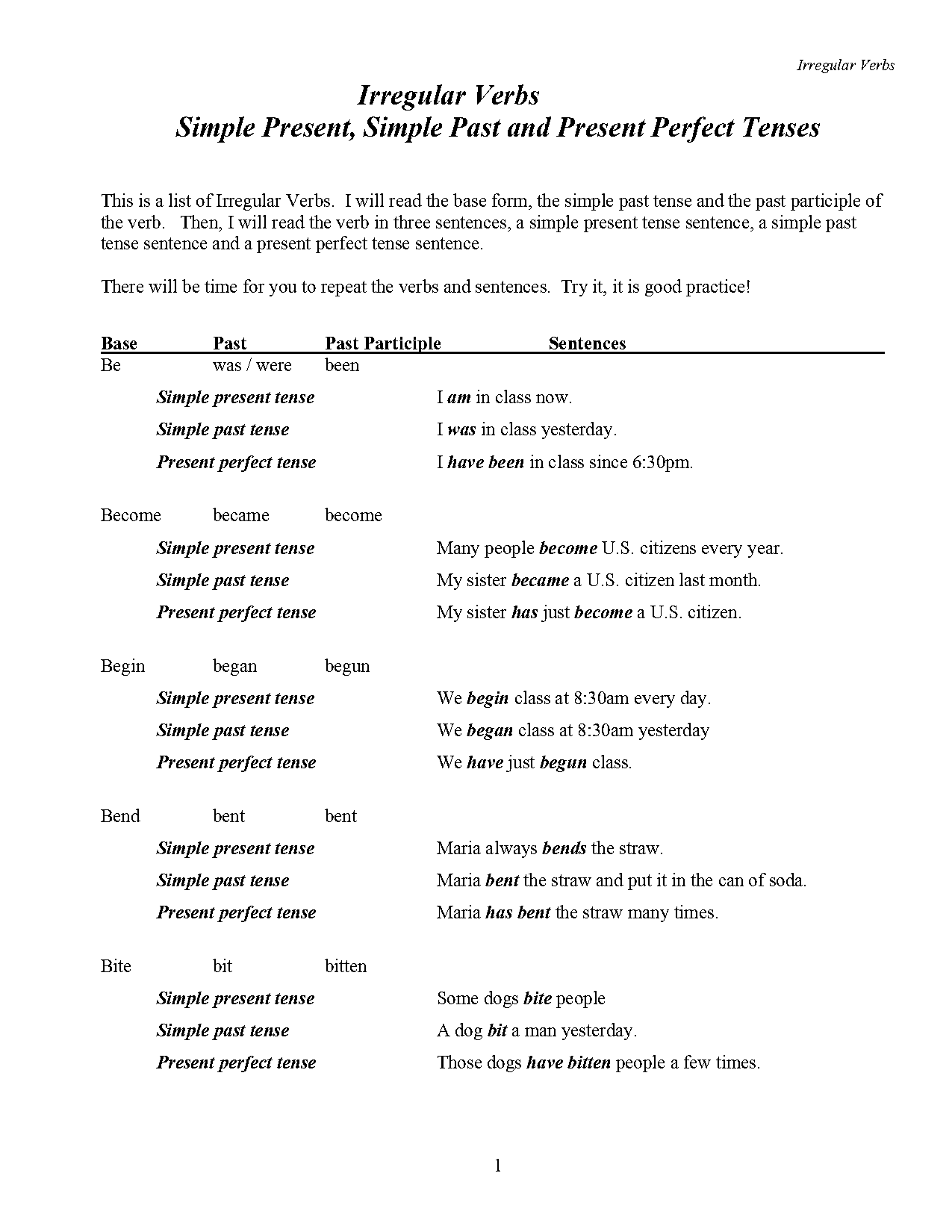 past and present and future tense list