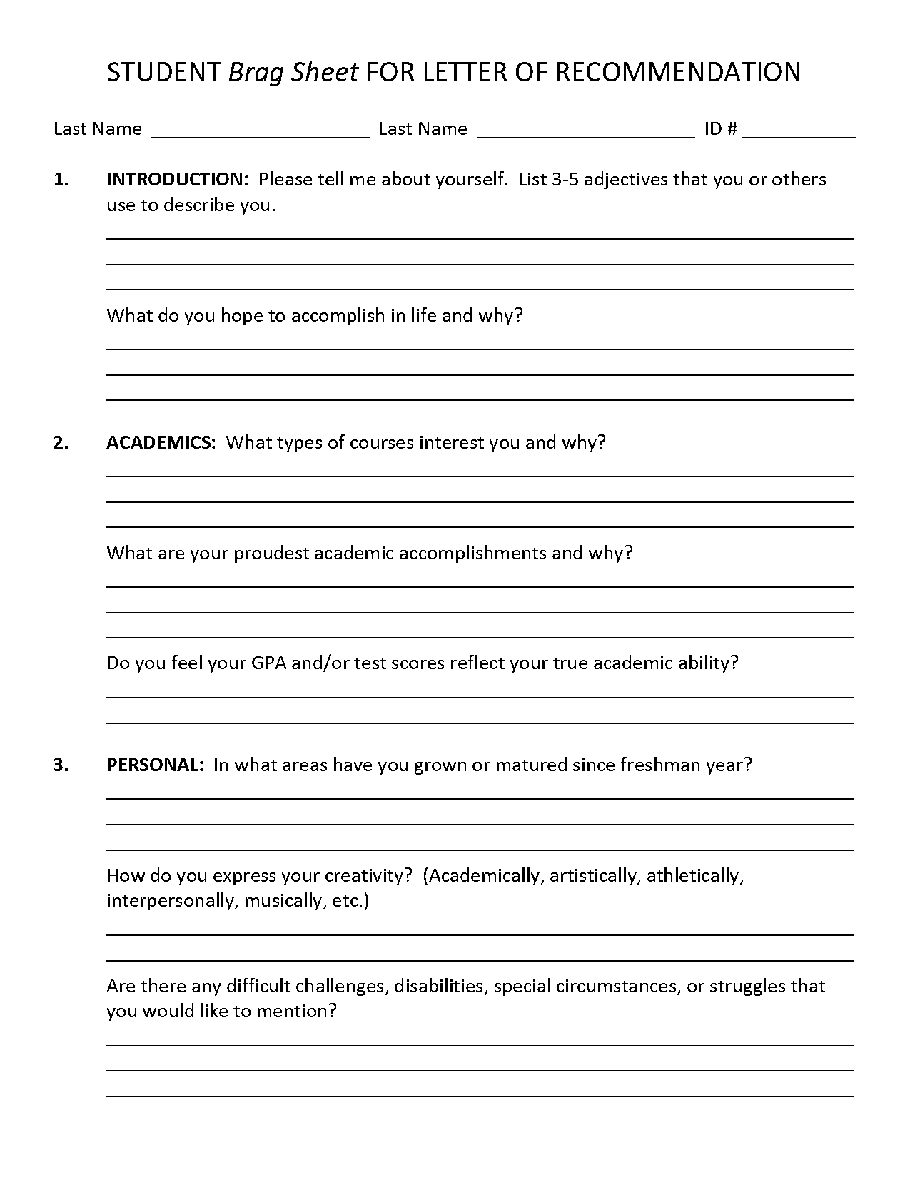 brag sheet for letter of recommendation example