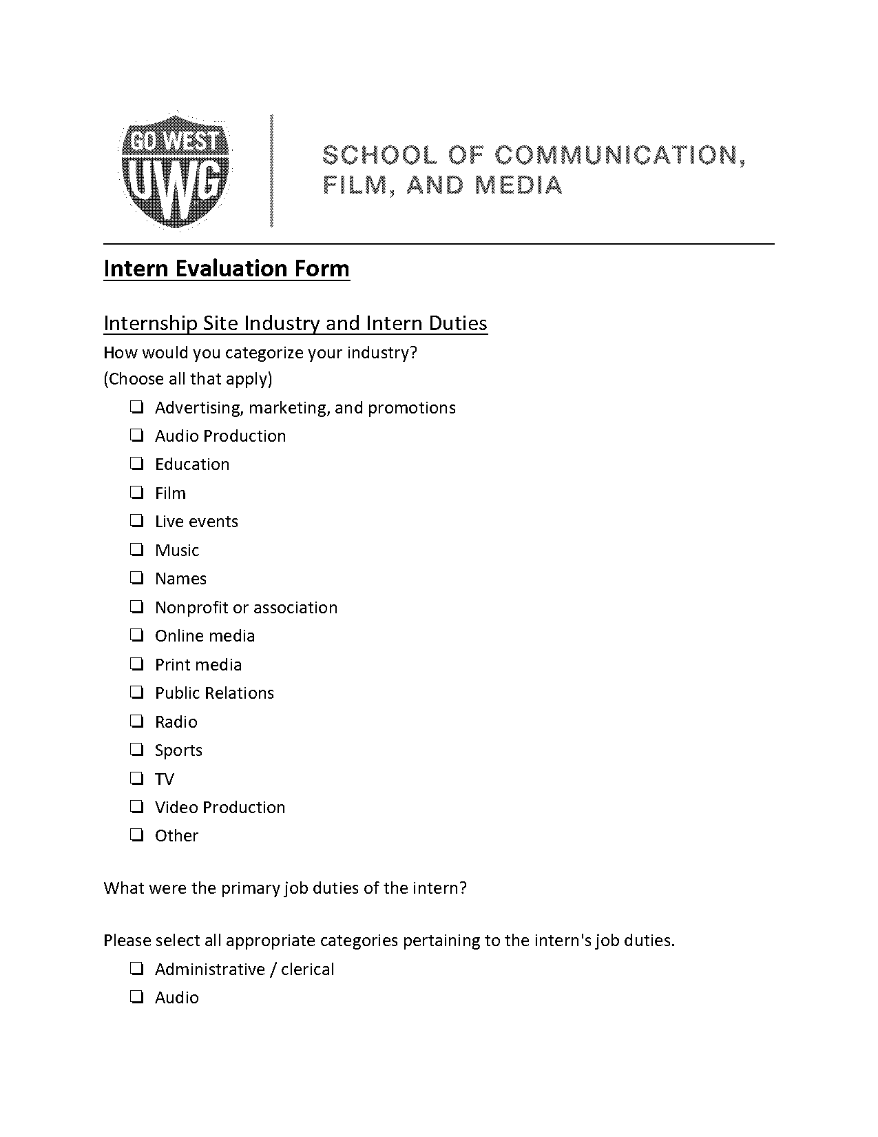 marketing intern evaluation form