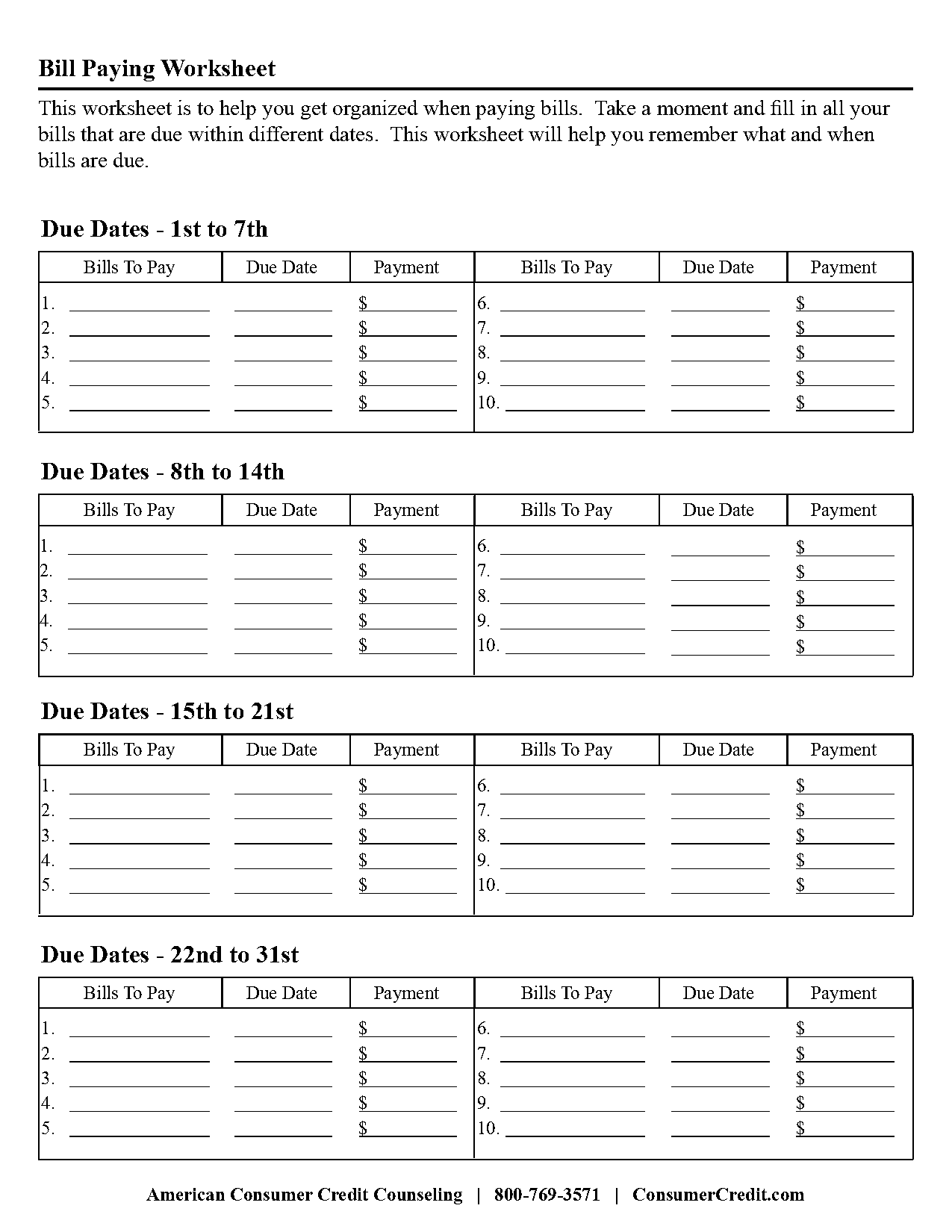 bill pay worksheet printable