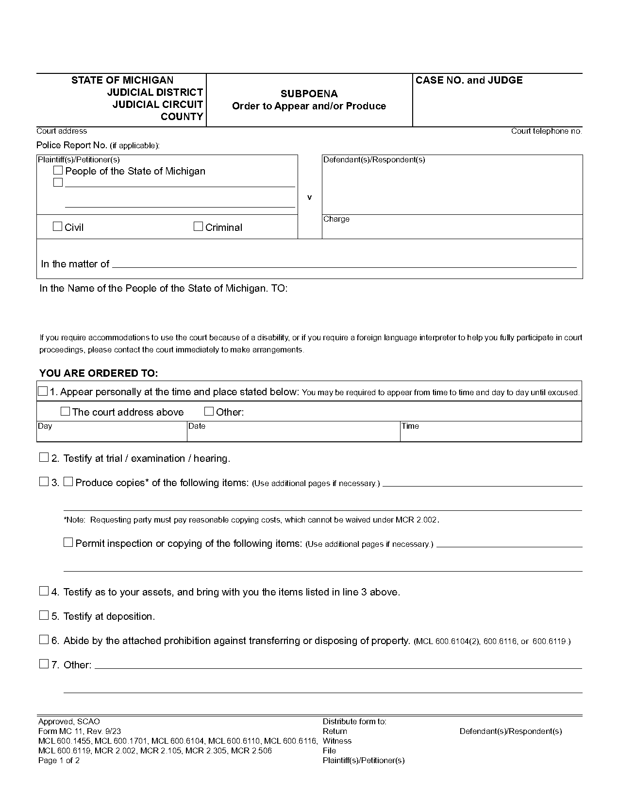 copy of a federal subpoena form