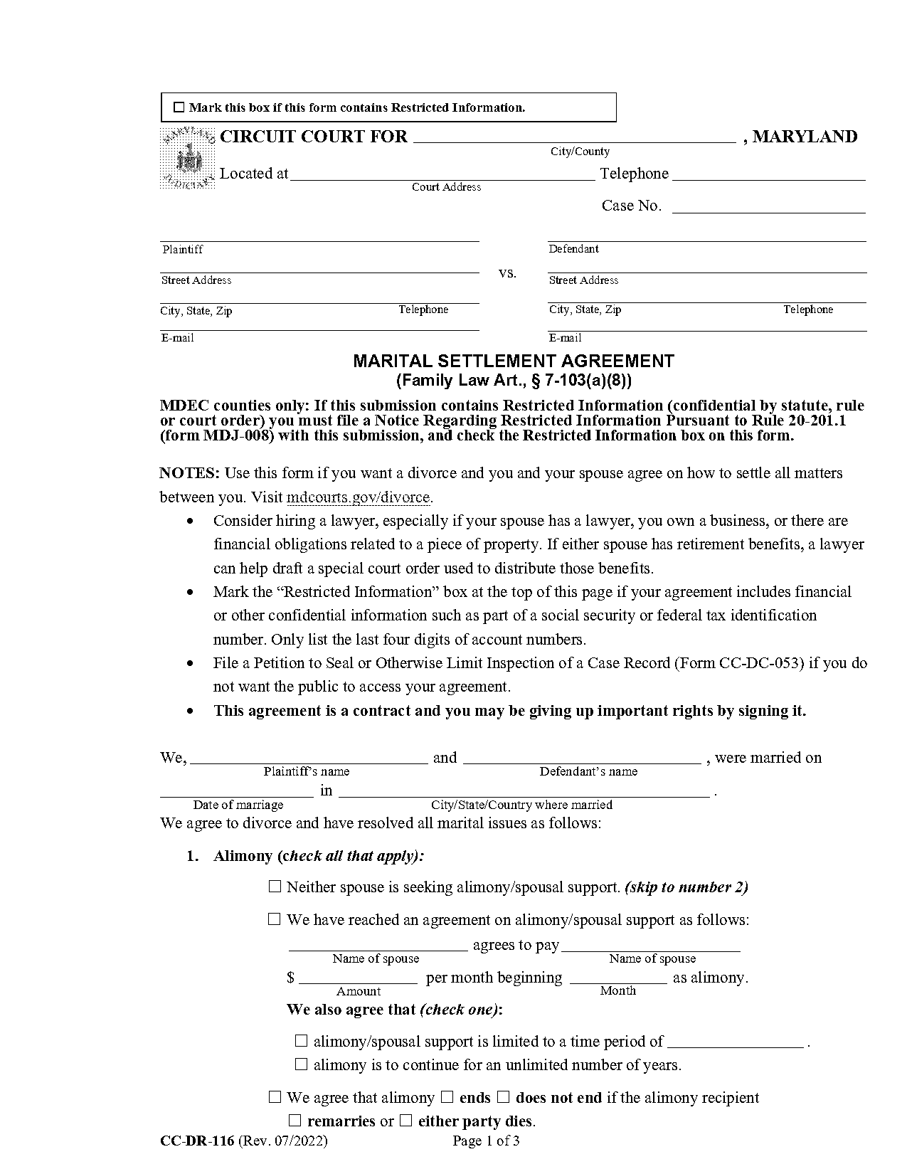 divorce draft agreement sample