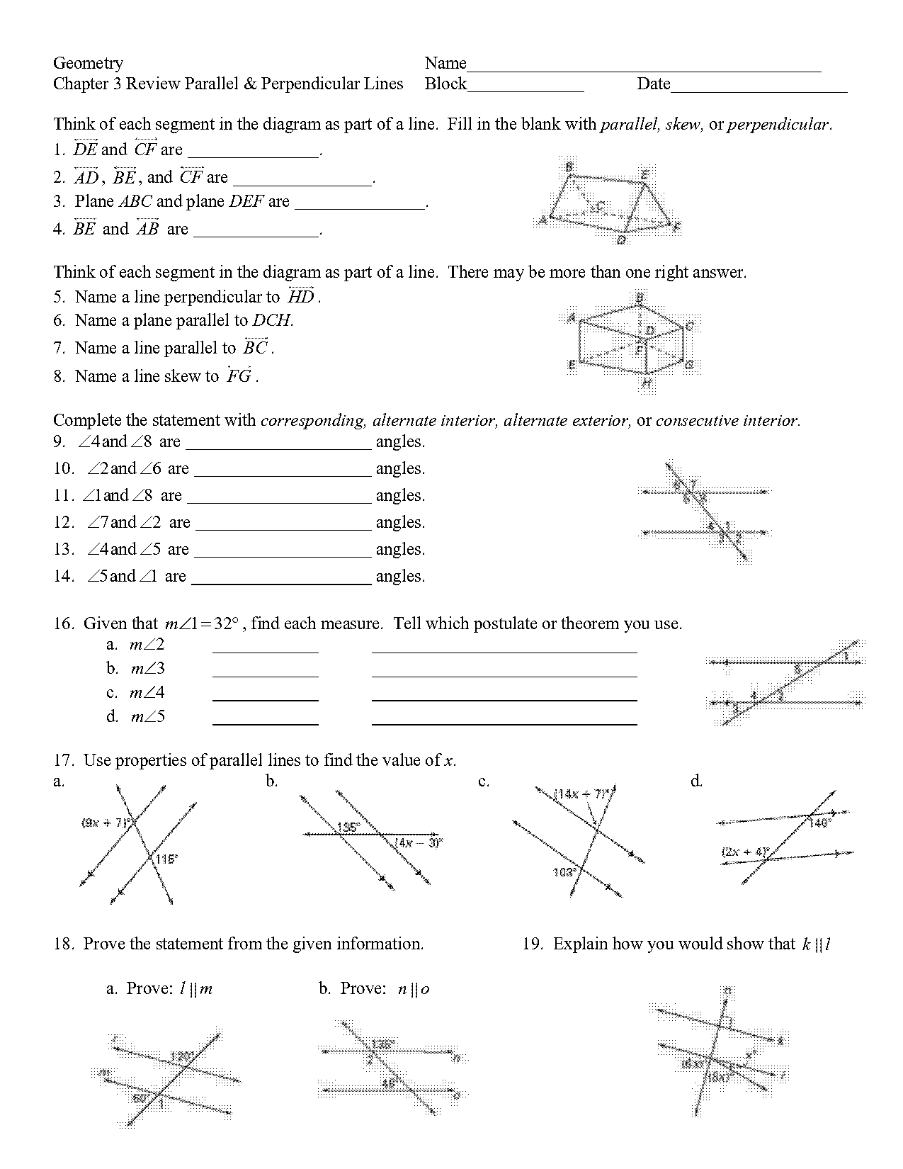 geometry parallel and perpendicular lines review worksheet