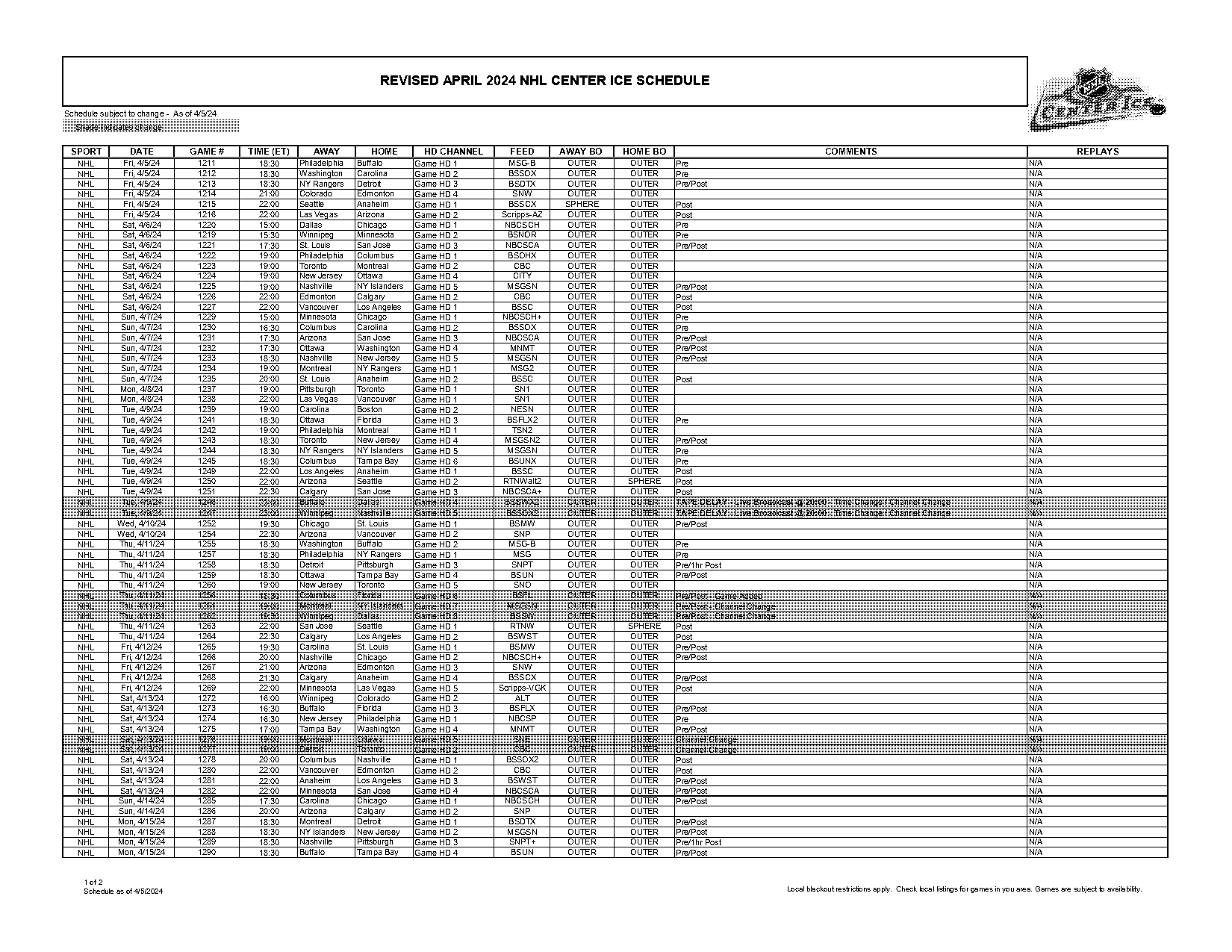 nhl schedule and channel guide