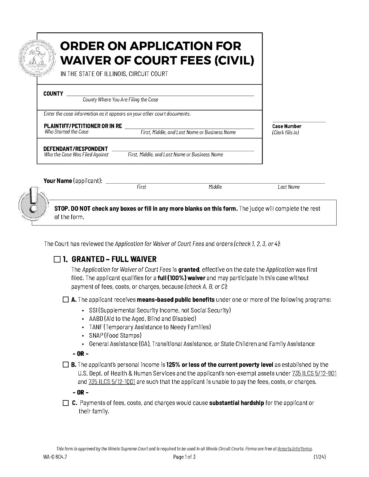 illinois small claim fee waiver