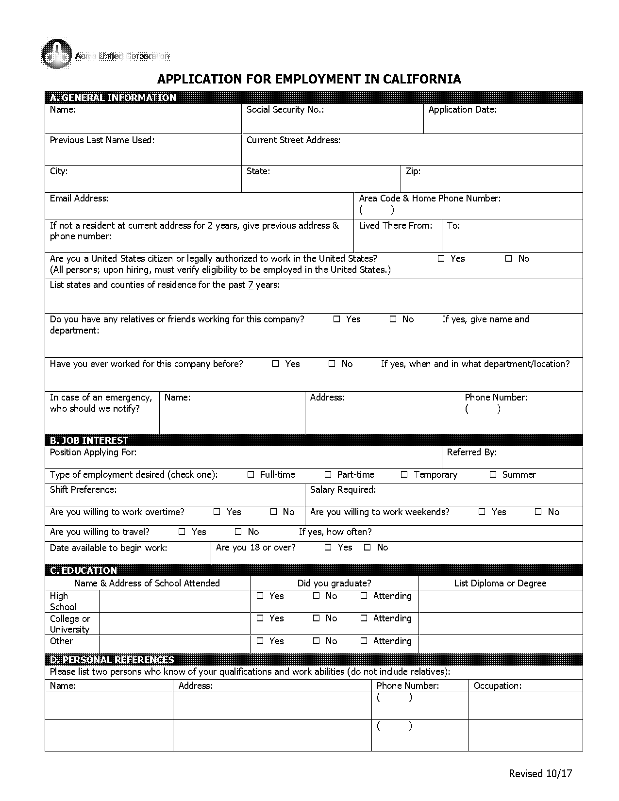 california application for employment fillable pdf