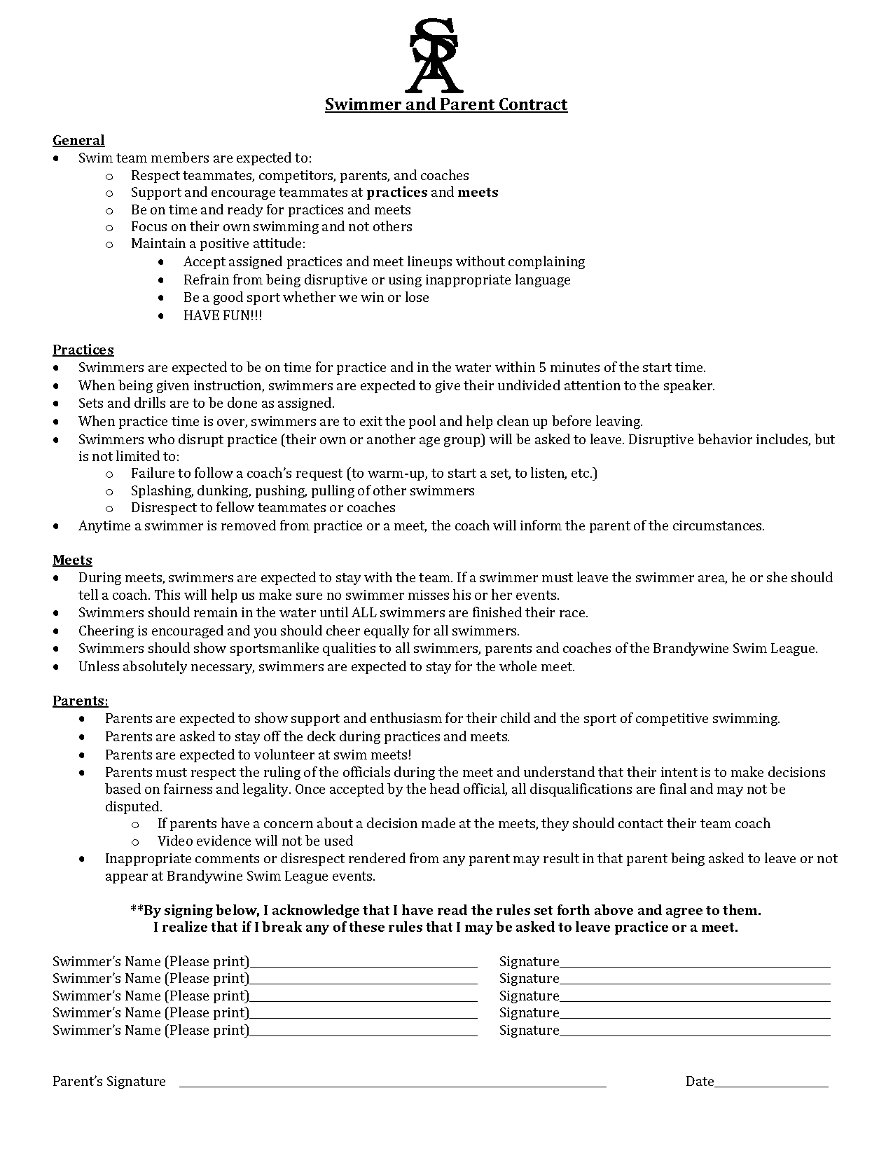 swimming coach contract template