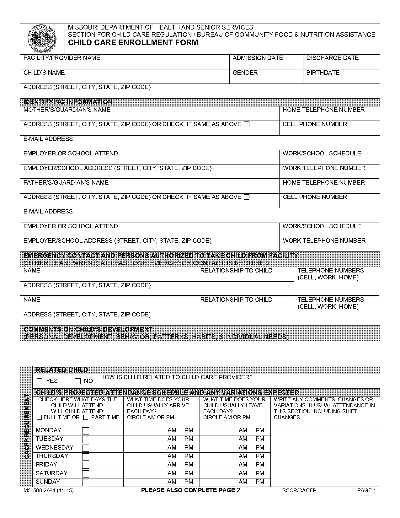 child care medical form missouri