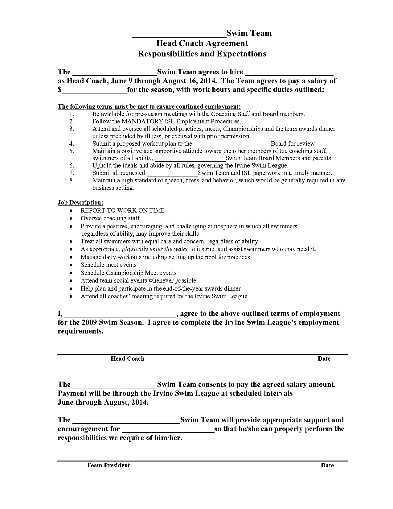 swimming coach contract template