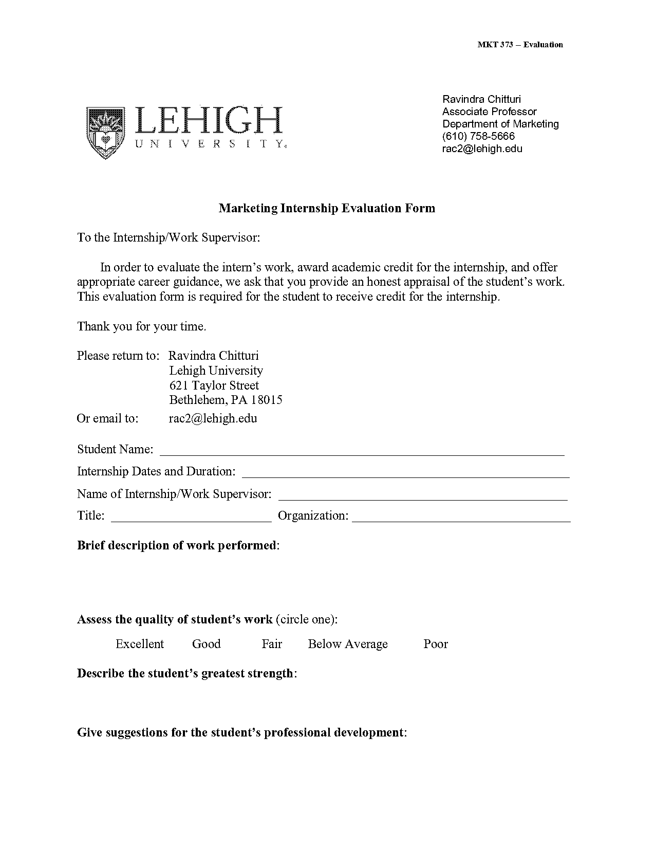 marketing intern evaluation form