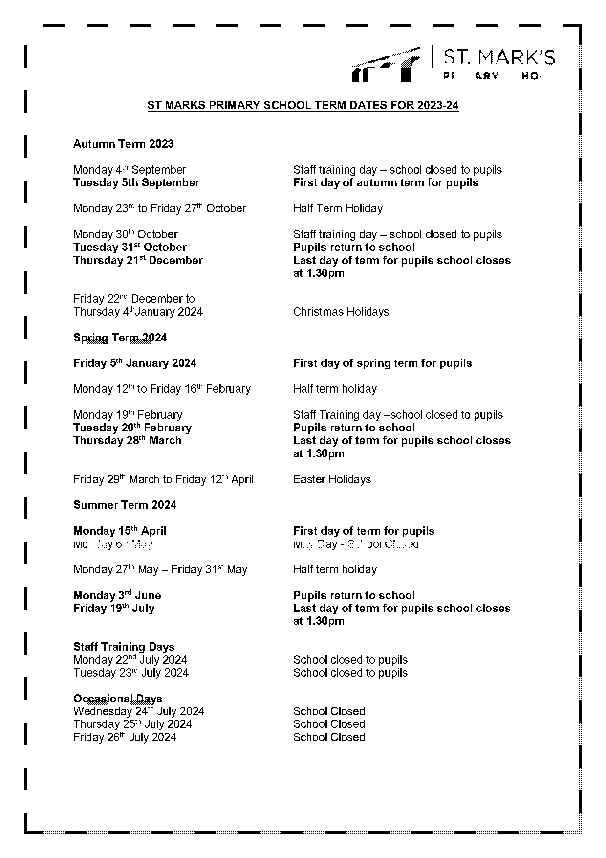 mitcham primary school term dates