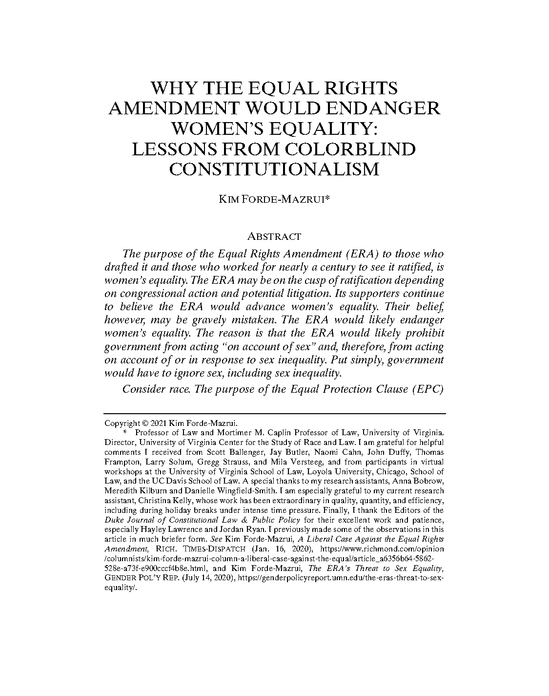 what was one reason why the equal rights amendment