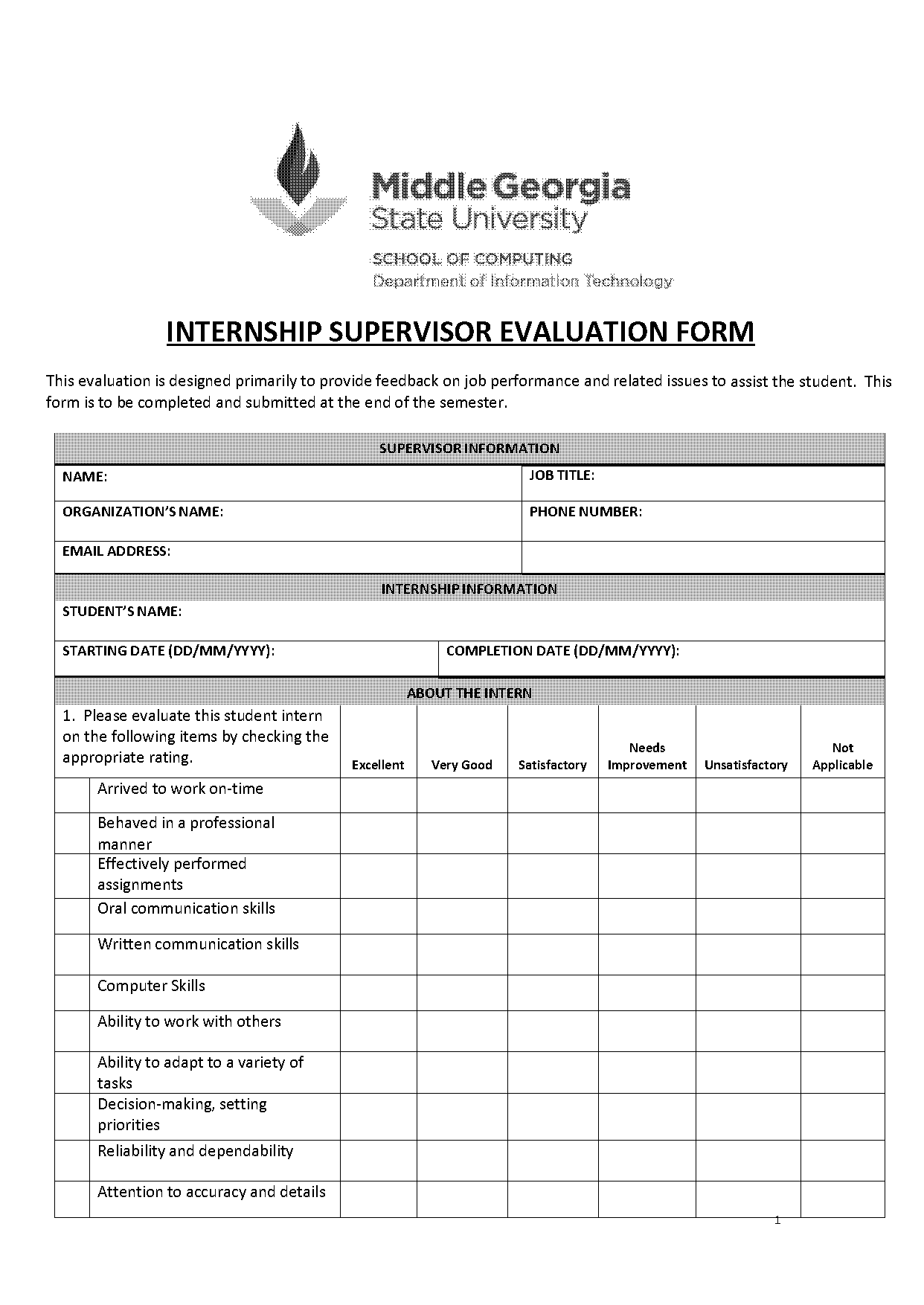 marketing intern evaluation form